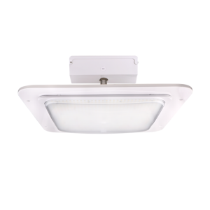 Technical spec sheet showing dimensions and wattage controls for Bright LED TX commercial canopy fixtures.