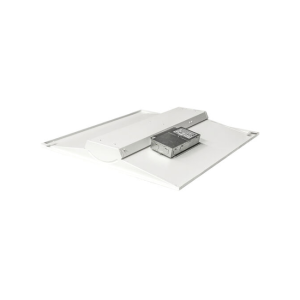 Rear view showing the durable aluminum housing, integrated driver, and junction box of a 2x2 commercial LED troffer.