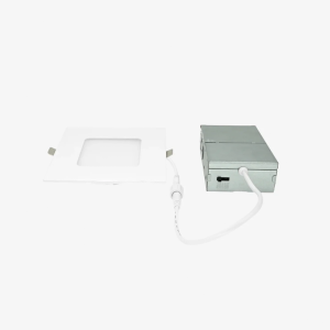 Front face of a 6-inch square slim recessed LED downlight with 12W power and 5CCT selectable white by Bright LED TX.
