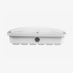 Side profile of LED garage canopy light featuring selectable wattages and CCT options for commercial applications.