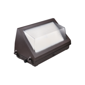 Angled view of an 80W commercial LED wall pack with durable glass cover for facility exterior illumination.