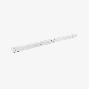 Close-up of 4ft skinny commercial linear strip light showcasing contractor-friendly field adjustable CCT controls.