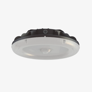 Front view of a round wattage selectable LED garage canopy light with 3CCT color tuning for commercial ceiling setups.