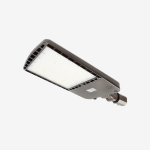 Commercial 300W LED area light with adjustable AM bracket mount and integrated bottom sensor by Bright LED TX.