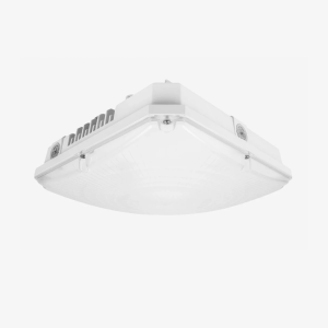 Angled view of commercial LED garage canopy fixture with selectable wattage and color temperature for parking structures.