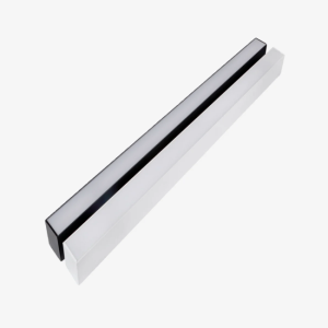 Modern office space illuminated by suspended 8ft black architectural linear LED fixtures with adjustable 3CCT.
