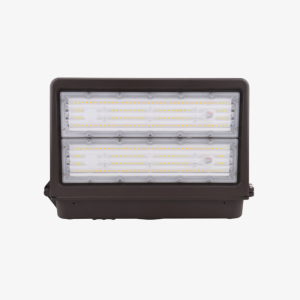 Bright LED TX 120W architectural cut-off exterior wall pack illuminating a commercial building perimeter downward.