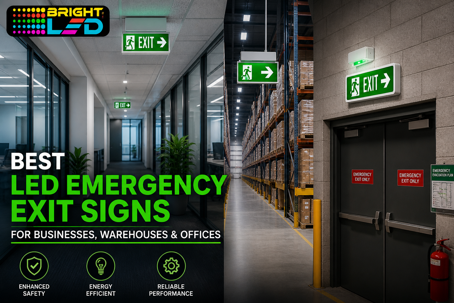 LED emergency exit signs installed in commercial building, warehouse and office corridor showing safety lighting compliance