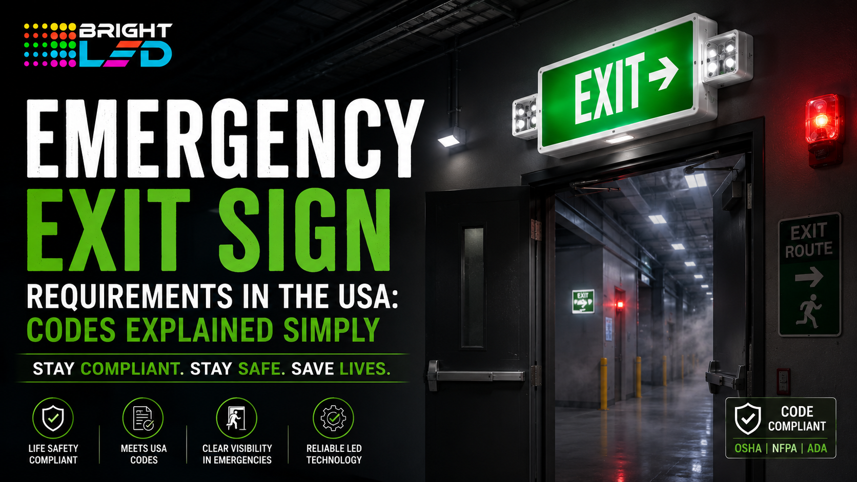 Emergency exit sign requirements for commercial buildings in the USA according to OSHA and NFPA safety codes