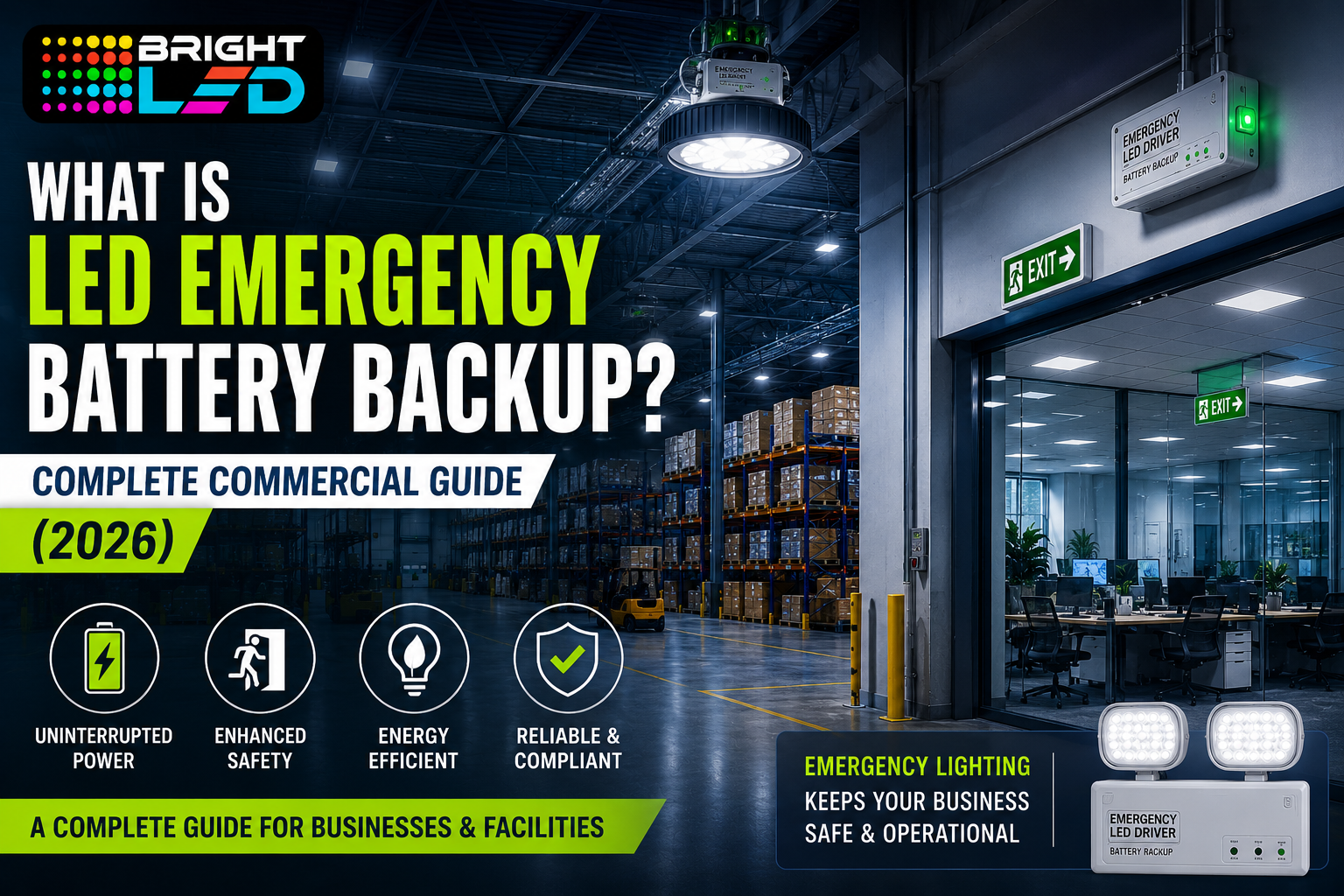 Commercial LED emergency battery backup system installed in modern warehouse lighting infrastructure