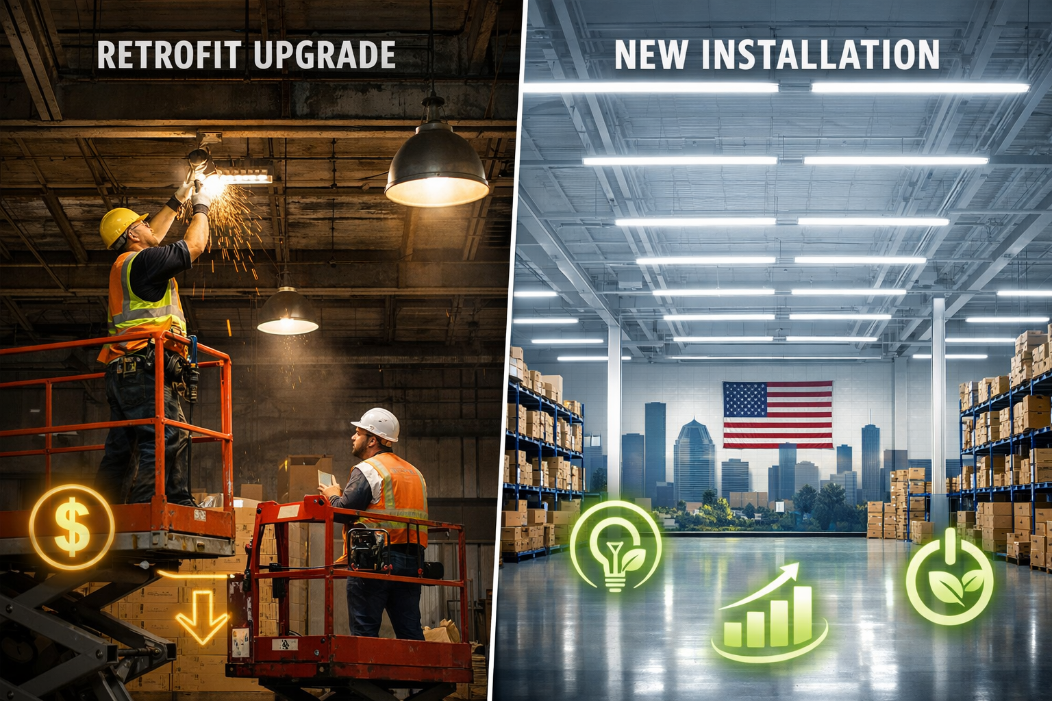 LED retrofit vs new installation comparison for Houston commercial lighting projects